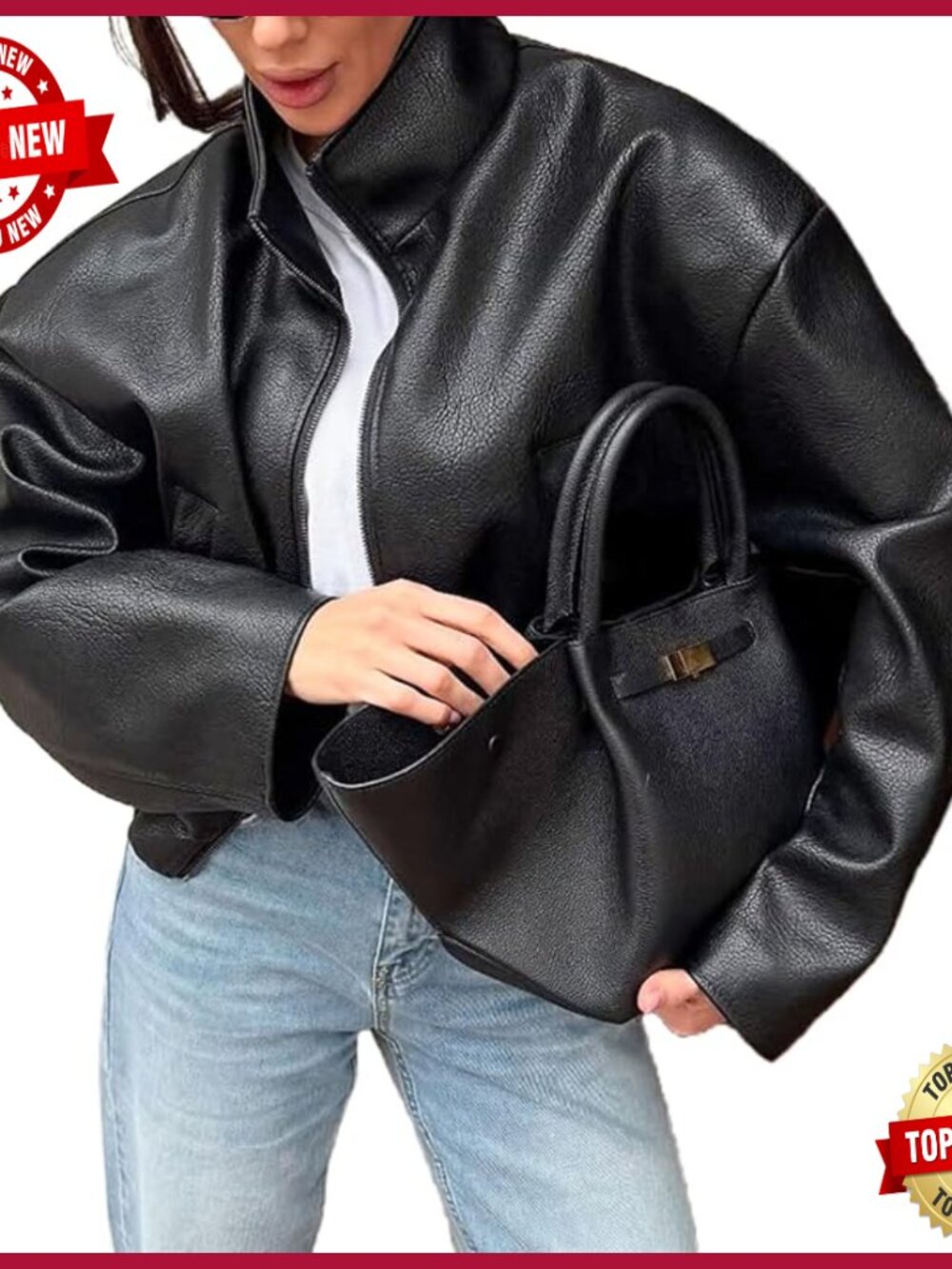 Faux Leather Motorcycle Jacket With Stand Collar Zipper Closure Bomber